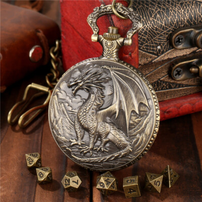 7 kleine polyedrische Metallwürfel Set Drache Taschenuhr Gehäuse Anhänger Kette RPG Würfel