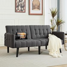 65 Convertible Futon Sofa Bed W/2 USB Upholstered Tufted Folding Couch Loveseat