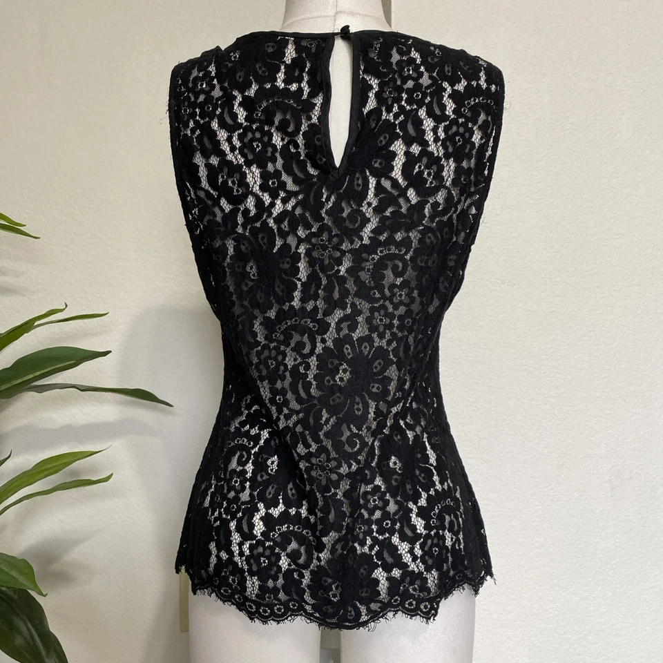 ECI NY Sheer Floral Black Lace Top Sz M 10 Sleeveless Ruffle Victorian Romantic - Image 4 of 4