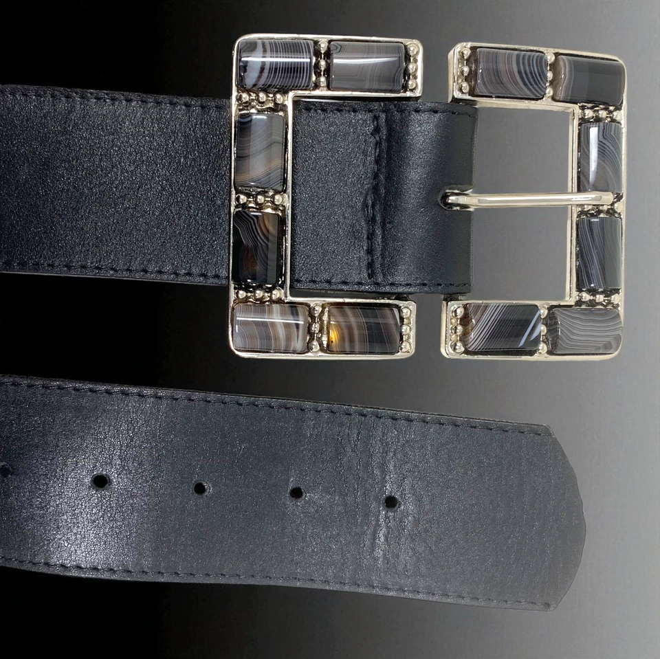 Cinturón Vintage Y2K Leatherock Negro Piedra Ágata Natural Hebilla Cuadrada Talla L LEER Foto 3 de 4