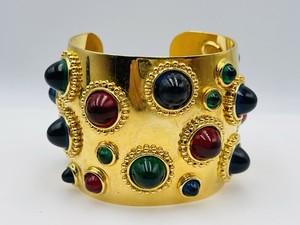 Authentic Sorrell Originals Vintage Gold Plated Glass Cabochons Jeweled Wide Cuff Bracelet