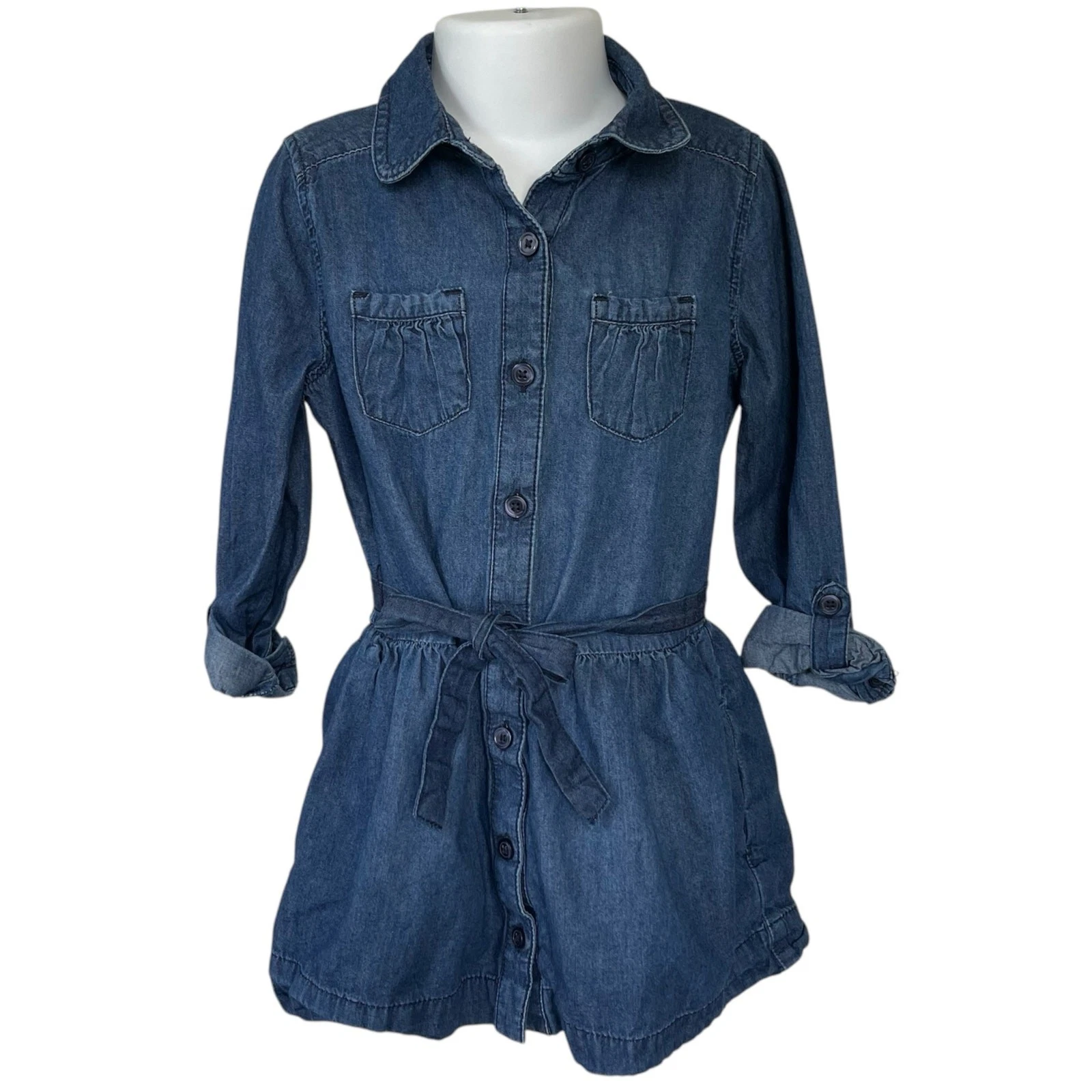 XS 4-5 GAP Kids Long Sleeve Dark Denim Button Down Pocket Blue Jean Dress Twins