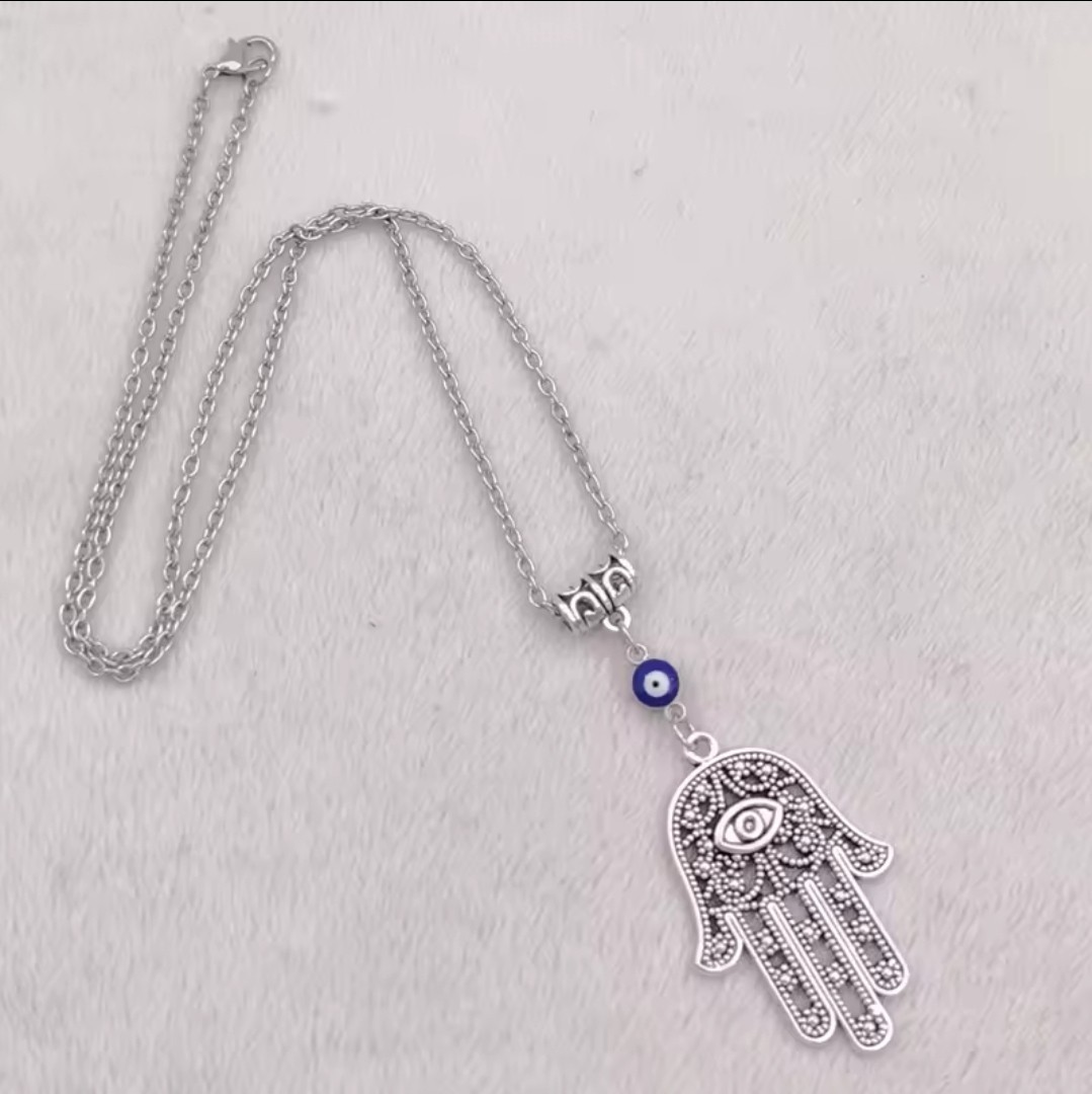 Women's Fashion Silver Evil Eye Lady Hamsa Hand Of Fatima Vintage Necklace 
