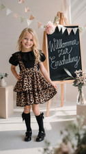 Girls Festive Set - Leopard Skirt & Black Lace Trim Short Sleeve Blouse