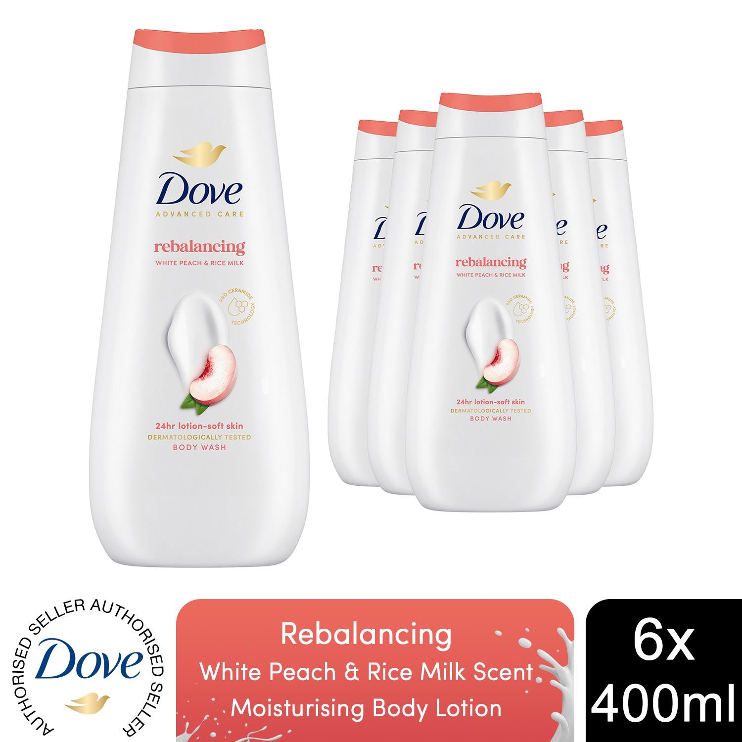 Dove Advanced Care Rebalancing Peach& Rice Milk Moisturising Body Wash 400ml,6pk