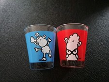2 sheepworld Schnapsgläser / Shotgläser rot + blau  6 cl mit Spruch