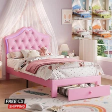 Twin Bed Frame LED Lights & Headboard Upholstered Platform Bed Storage Drawer US