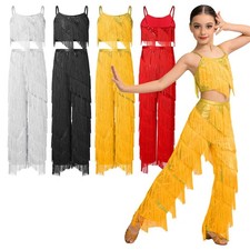 Girls Fringe Latin Dance Outfits Camisole Top with Tassels Pants Salsa Balllroom