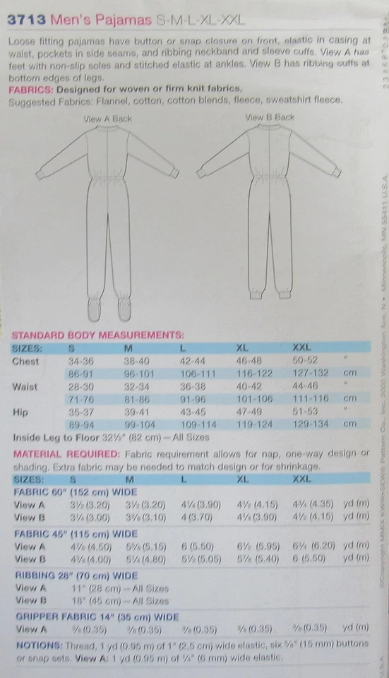 Kwik Sew 3713 Mens S-XXL UNION SUIT PAJAMAS Loose Fitting One Piece Pattern UNCT - Image 2 of 2