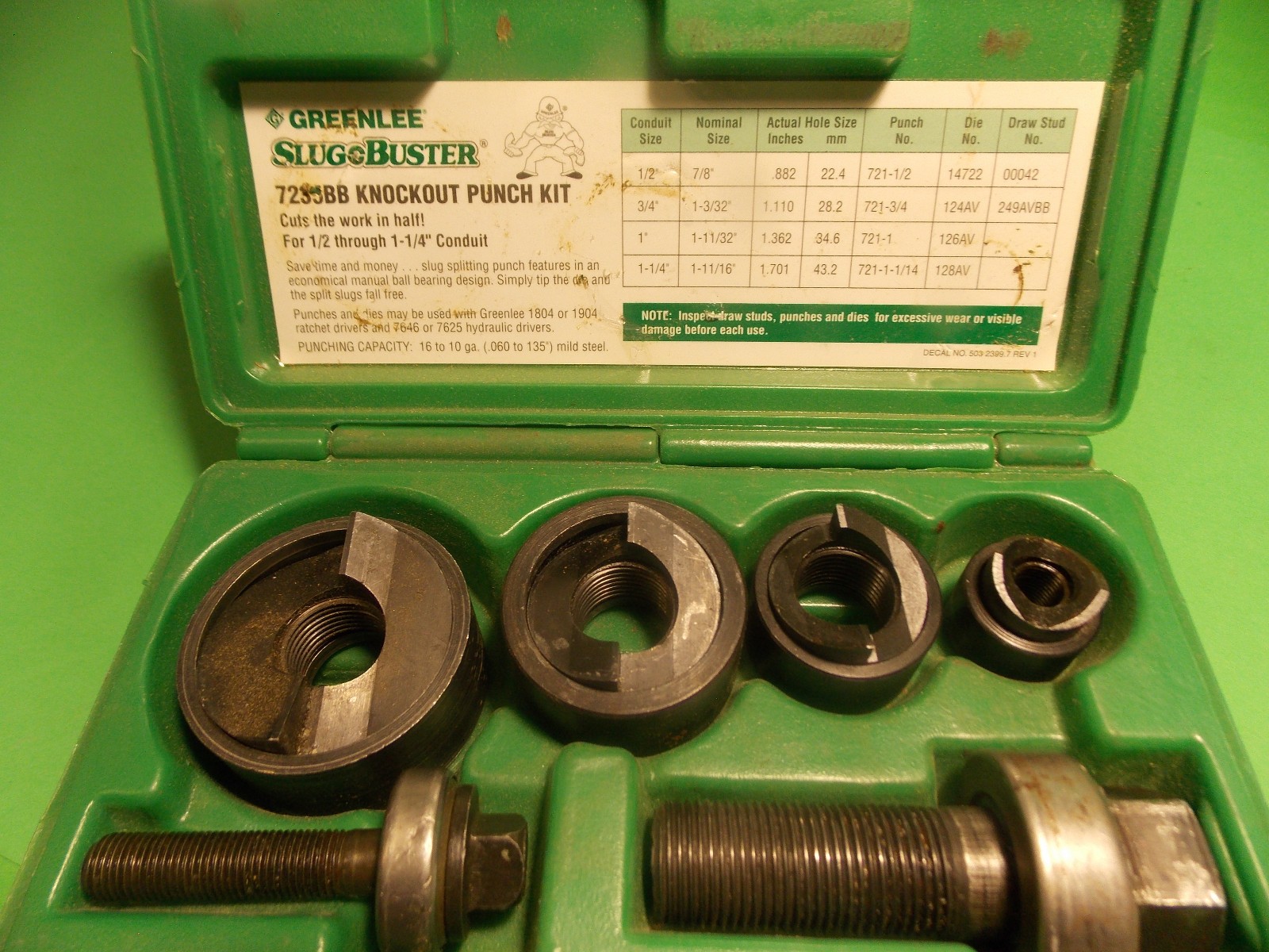 Greenlee Slug Buster Knockout Punch Set 7235BB 1/2" 3/4" 1" & 1-1/4" Dies