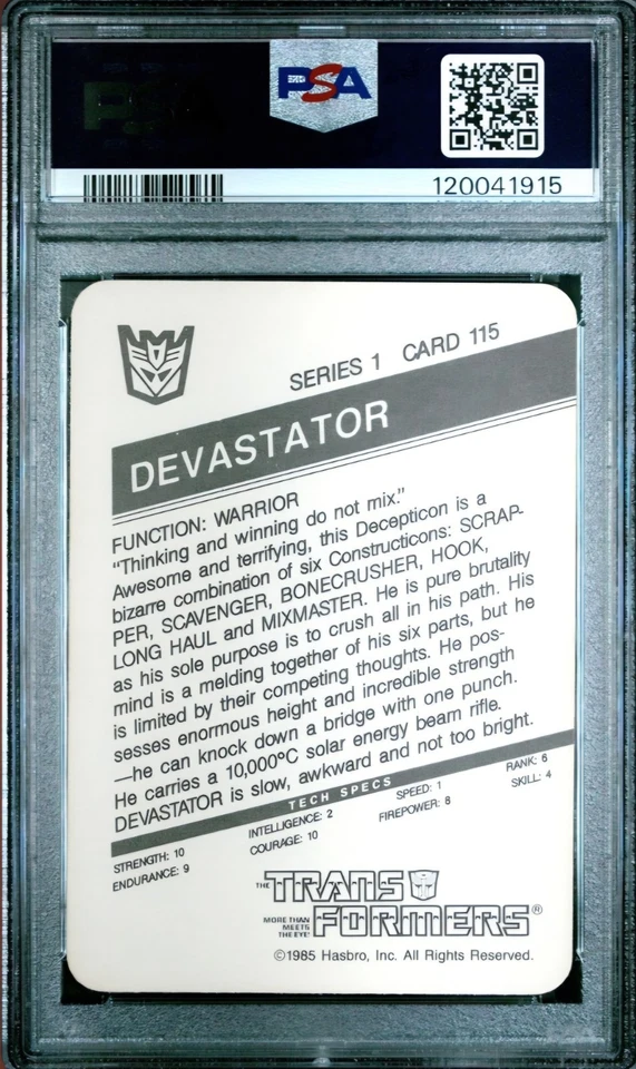 1985 Hasbro Transformers Card  # 115 Devastator Orange Background PSA 10 - Image 2 of 2