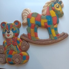 Vintage 1970s Patchwork Rocking Horse Teddy Bear Foam Craft Wall Decor 12"