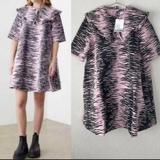GANNI Zebra Print Mini Dress with Ruffle Collar, Size 34