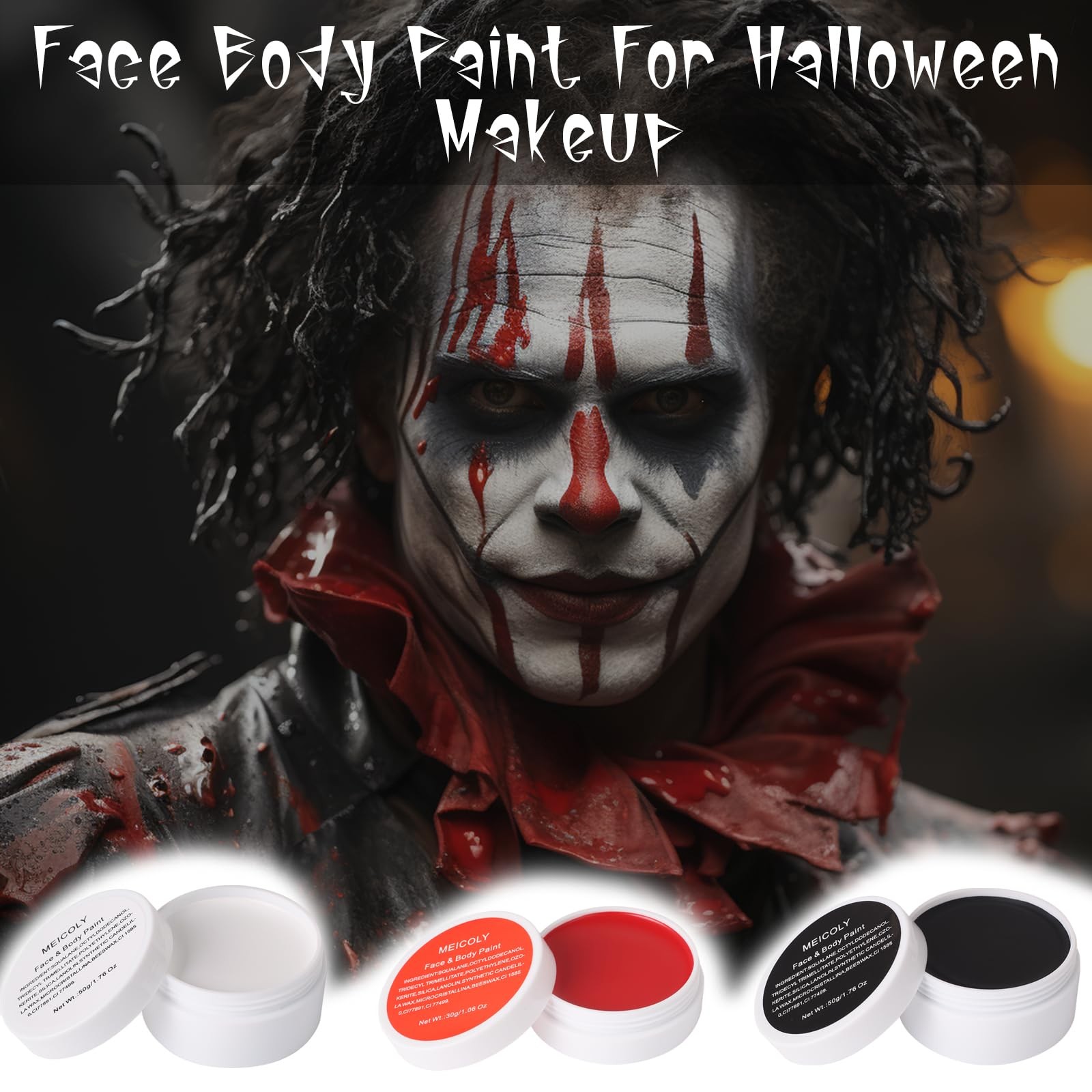 Clown Makeup Kit,White Black Red Face Body Paint for Halloween Devil Joker Zo...