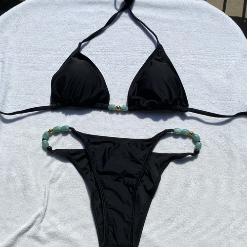 Small To Medium Black Bikini W/ Bead Accents Triangle Top Cheeky Bottoms - Picture 3 of 8