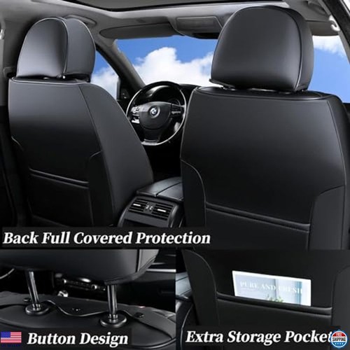 Faux Leather Waterproof Car Seat Covers, 2 Pack Front Seat Protectors, Black - 第 2/6 張圖片