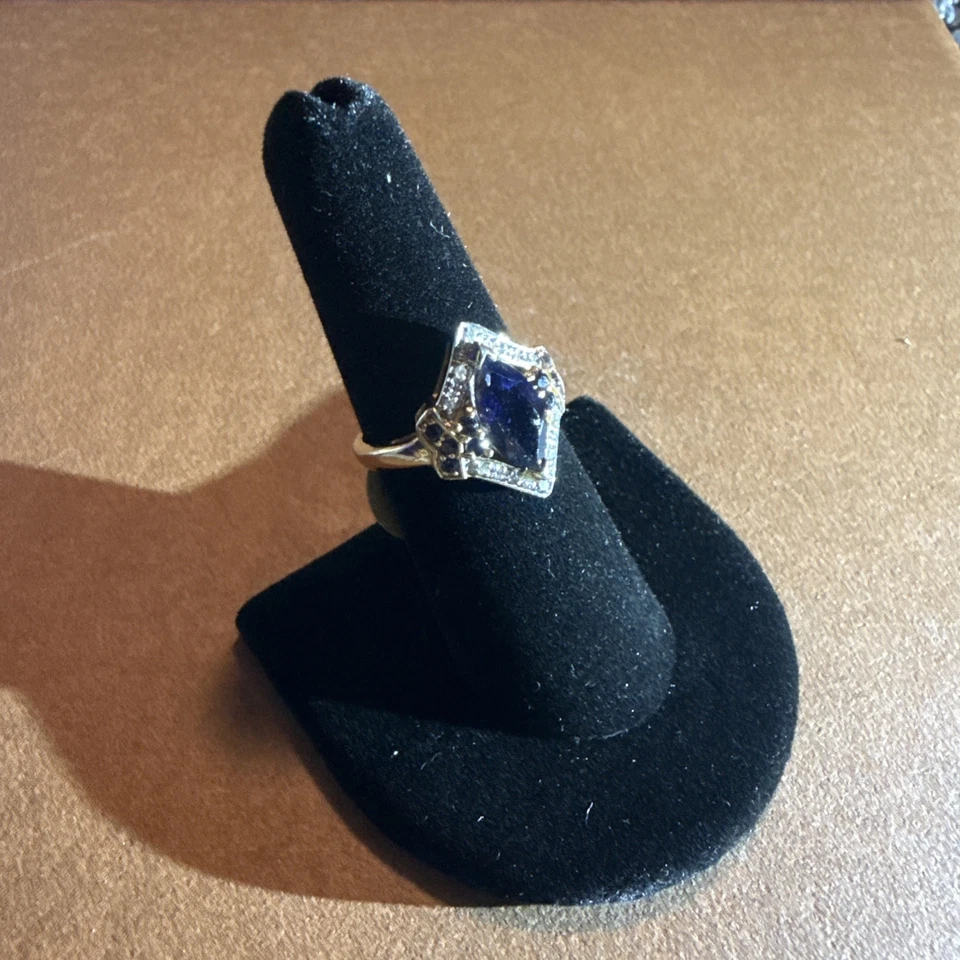 ANILLO ORO AMARILLO 14K IOLITA Y DIAMANTES TALLA 6,5 Foto 2 de 4