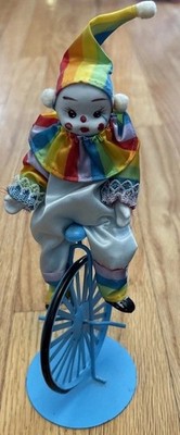 Vintage Circus Clown Riding Bike Unicycle Doll Ceramic 80s Decor Blue Figure