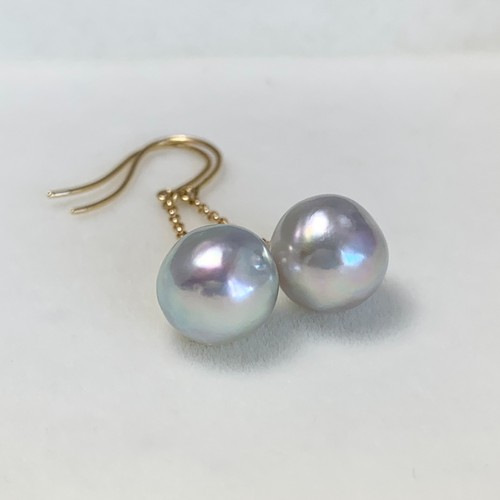 9.4+mm Baroque Silver Japanese Akoya pearl Drop earrings 14K yellow gold,1.4" - Picture 5 of 10