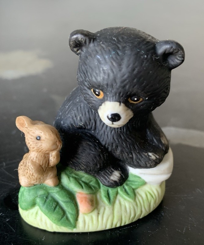 Vintage Homco Black Bear Cub & Bunny Rabbit - Porcelain Figurine Forest Friends