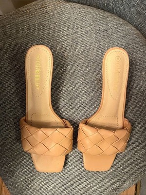 Olivia Miller Woven Tan Slide Sandals
