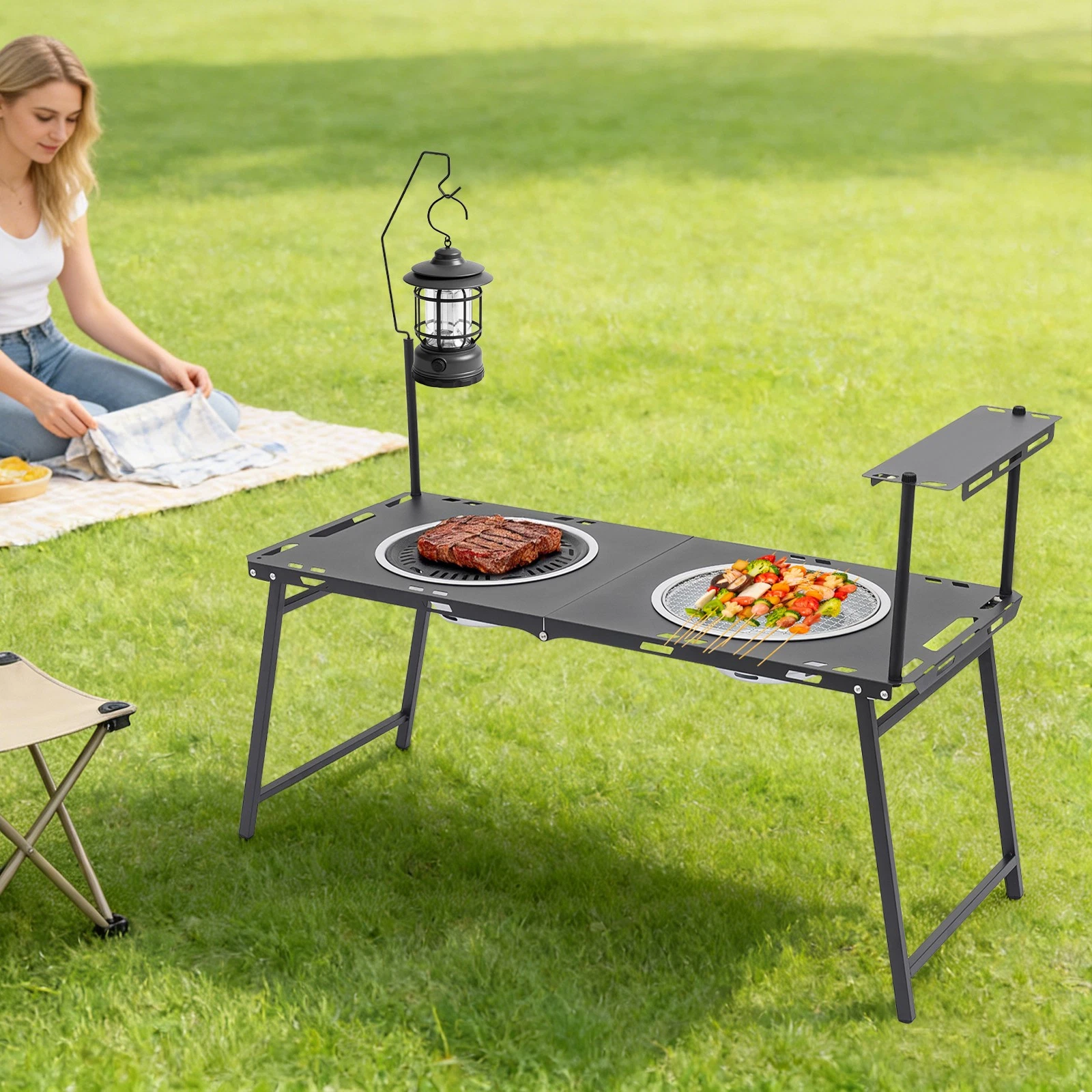 Camping Kitchen Table Folding Portable Grill Table 2*Grill Racks BBQ Table