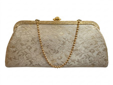 Vintage Gold Brocade Clutch Purse Evening Bag Rhinestone Clasp Chain Q6