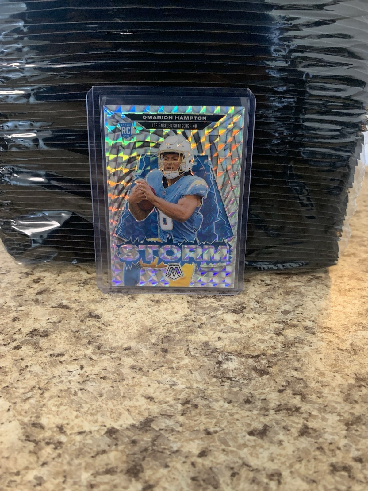 2025 Mosaic Omarion Hampton Silver Prizm Storm Rookie RC No. 14 Chargers