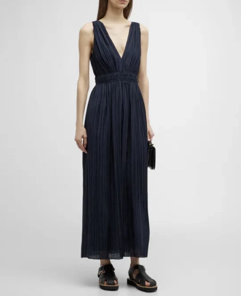 Vince Navy Pleated Double V-Neck Mici Dress Size S NWT - image 3 of 4