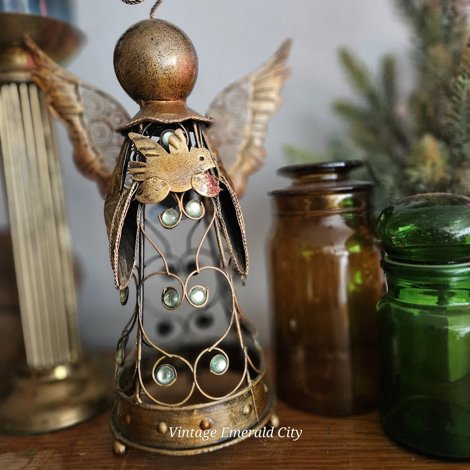 De Colección Metal Filigrana Ángel Jardín Estatua 15" Color Bronce Verde Vidrio Cónico Decoración  Foto 2 de 4