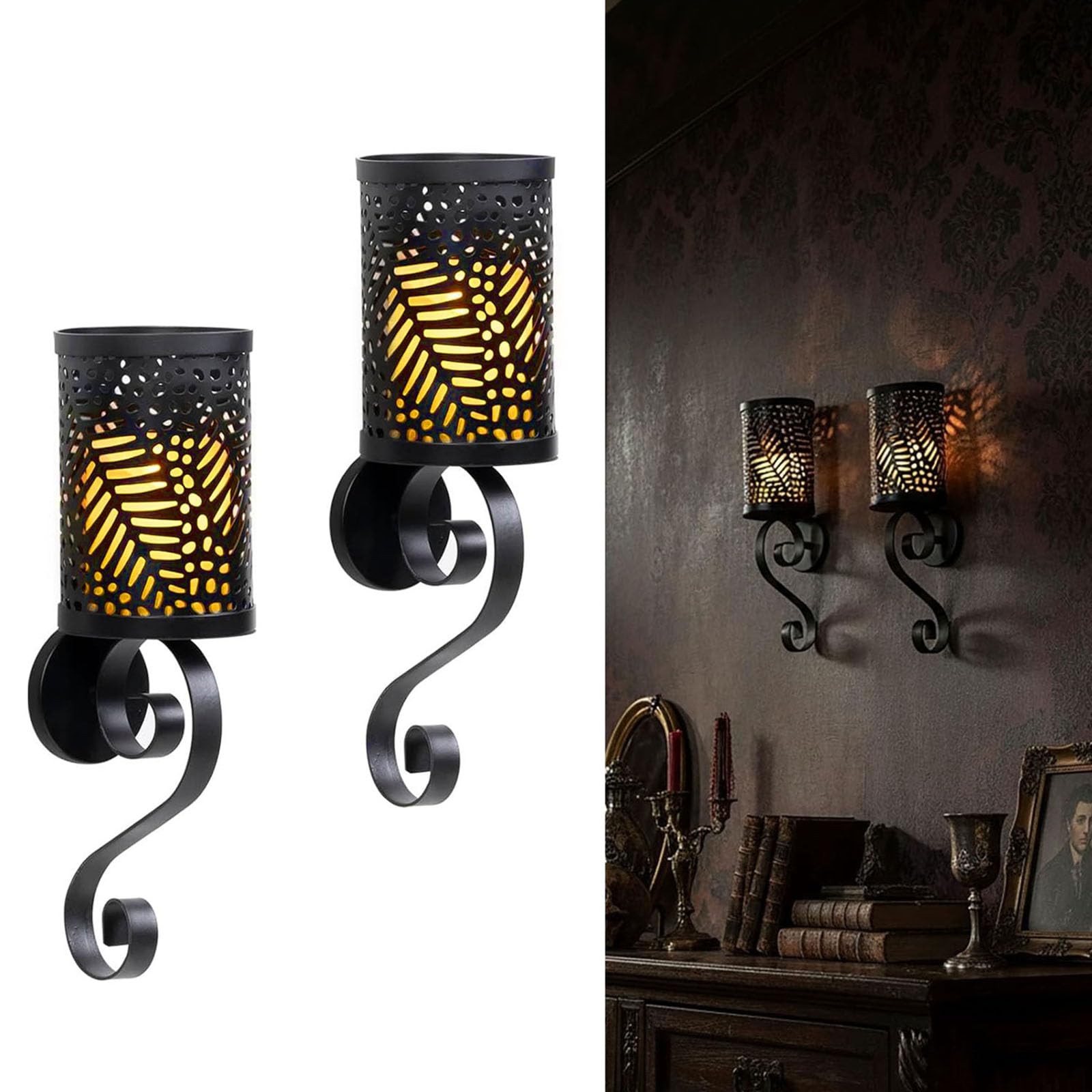 Set Of 2, Black Gothic Design Metal Wall Candle H...