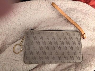 Dooney & Bourke Beige Logo Zip Top Wristlet Key Holder Repeating Monogram Lined