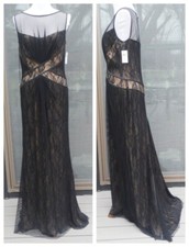 NEW TADASHI SHOJI Mesh Lace Maxi Dress/ Gown w train sz 14 TALL, Black/Nude $500