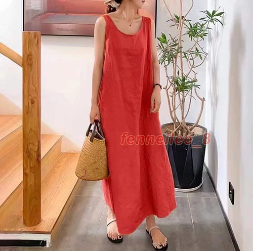 Womens Loose Camisole Dress Round Neck Cotton Linen Pocket Sleeveless Long Gown - Bild 17 von 30