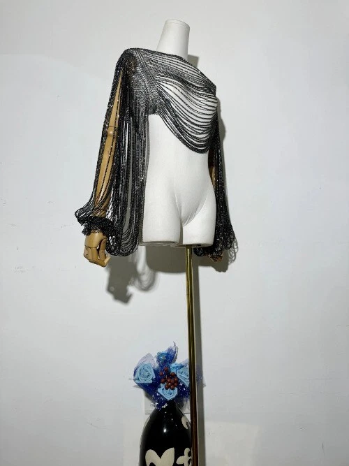 Nuevo Lo último Sexy Mujeres Camiseta sin mangas con cadena de diamantes Manga larga Brillante Estrás Foto 2 de 4