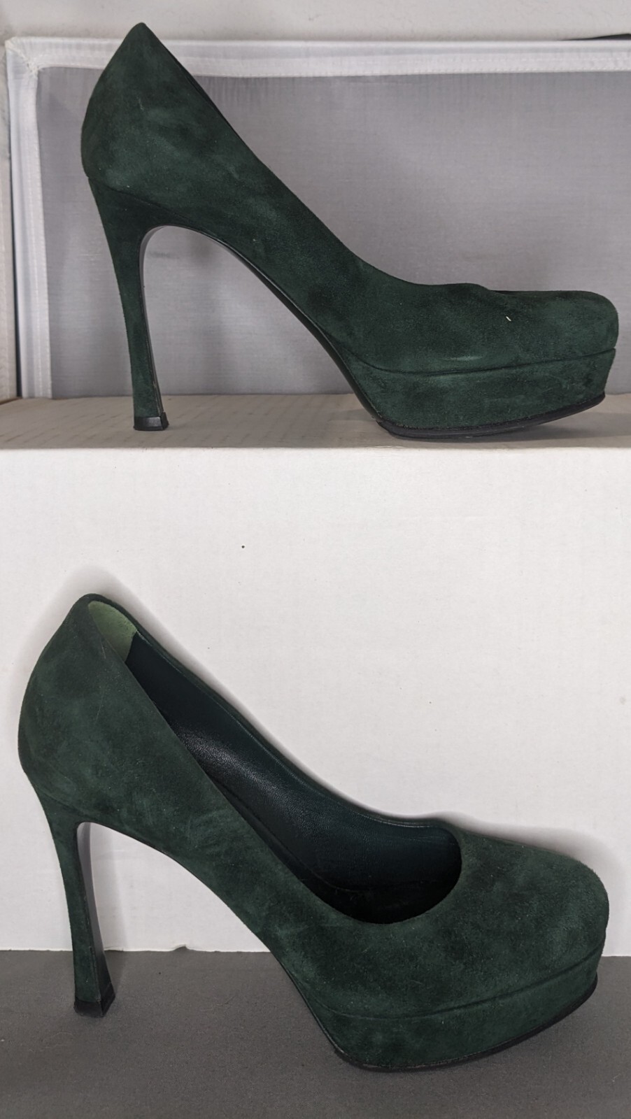 SAINT LAURENT Scarpe decolte donna Yves St. Laurent Hunter verde scamosciato plateau tacco 4" misura 6