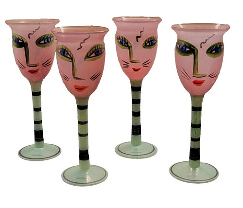 Kosta Boda Ken Done Palm Tree Fluted Champagnes Art Glass Signed