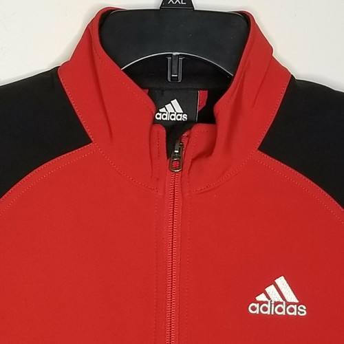 Boys Adidas Full Zip Jacket Size Large 14-16 Red Black Lined Logo Coat - Picture 2 of 12