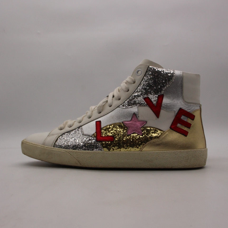 Zapatillas deportivas Saint Laurent Paris Love para mujer EU 39 Mid Top cuero blanco brillo Foto 4 de 4