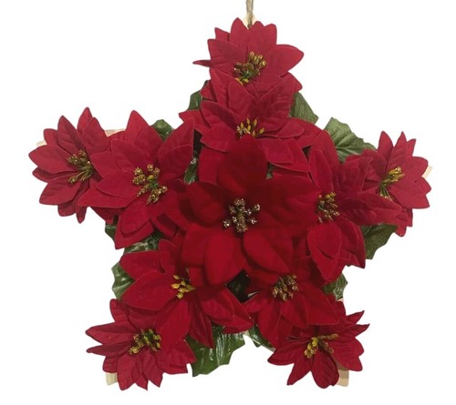 Red Poinsettia 11" Wooden Star Artificial Floral Holiday Christmas Wall Décor - Picture 3 of 3