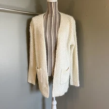 Umgee Womens Long Sleeve White Fuzzy Open Knit Open Front Cardigan Sweater M