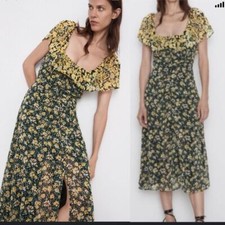 Zara floral ruffle yellow slit front midi dress size medium blogger spring