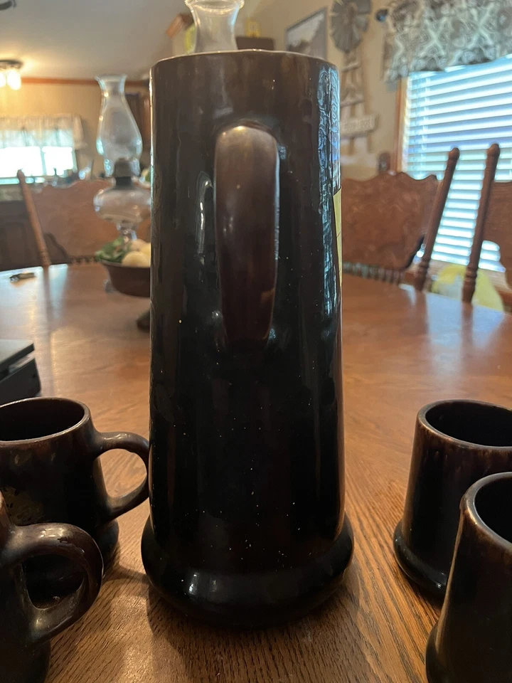 Винтажный 1920-х Bennington цветочный коричневый капельная глазурь керамический кувшин и 4 кружки комплект GC - Изображение 4 из 4