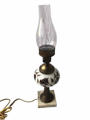 Vintage Electric Table Lamp Milk Glass Hand Painted Marble Base w/ Chimney