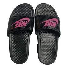 Nike Womens 7 Slides Benassi Black Pink Swoosh Sandals Slip On Comfort Casual