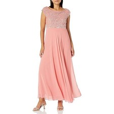 J Kara Women's Back and Front Cowlneck Beaded Short Sleeve Gown, Coral Multi, 18