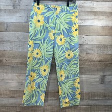 Talbots Vintage Womens 12 Tropical Floral Palm Print Cotton Pants Blue Yellow