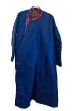 Vintage Mid-20th Century Chinese Quilted Brocade Robe Coat Blue Red Trim 50