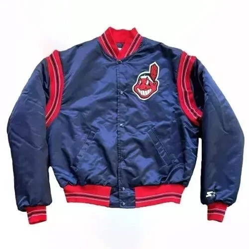 1989 Vintage Style Indians Full-Snap Blue Satin Bomber  Varsity Jacket