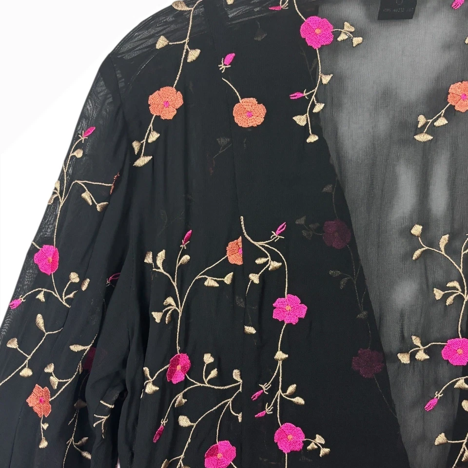 Chaqueta Blazer Karen Kane Negra Bordada Floral Transparente Kimono Talla 8 Cachicho Foto 2 de 4